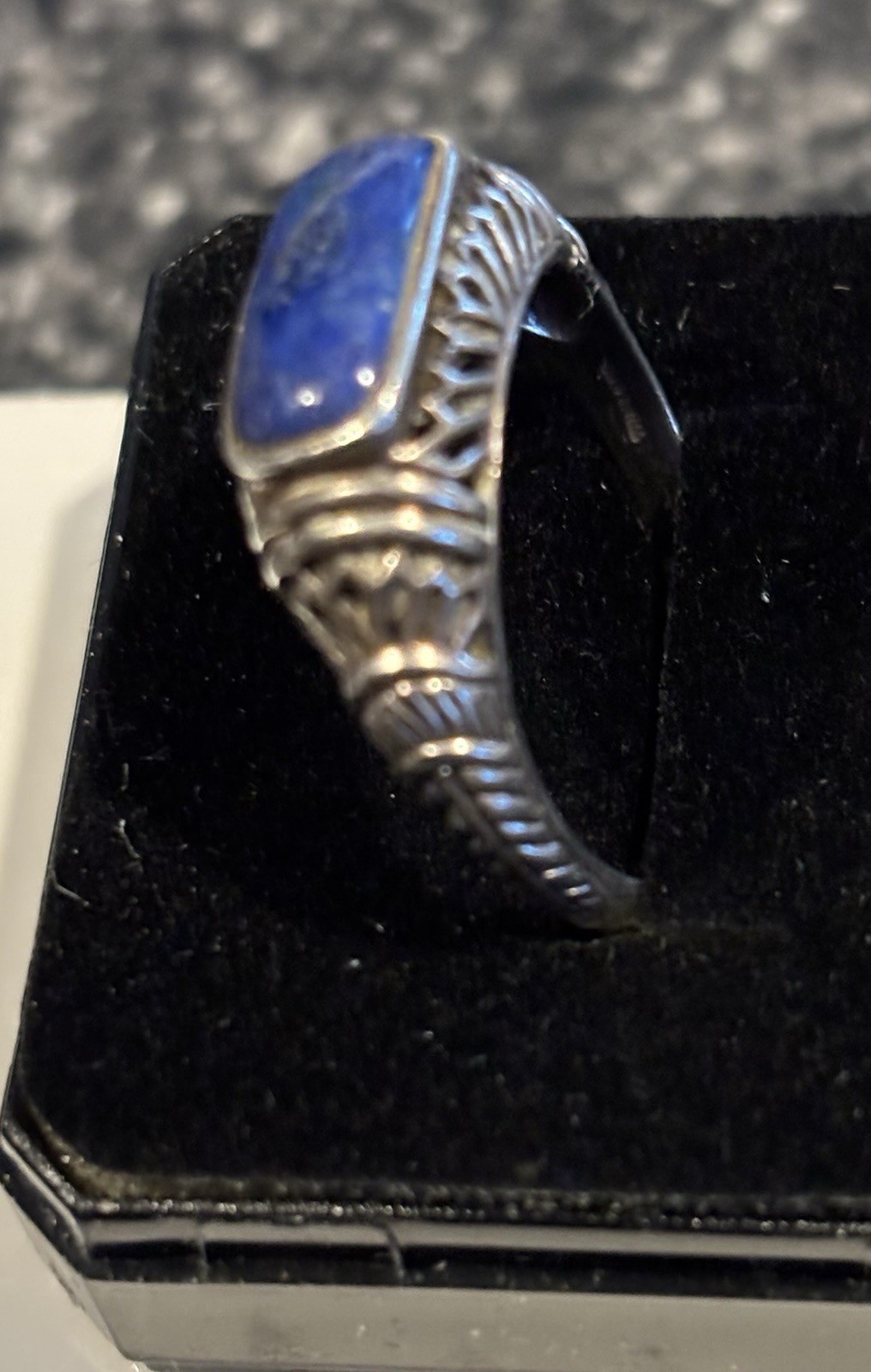 Vintage Ring Unisex Rectangular Lapis Stone Filig… - image 6