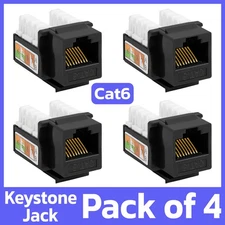 4 Pack Cat6 Keystone Jack Black RJ45 Ethernet LAN Network 110 Punch Down Snap-in