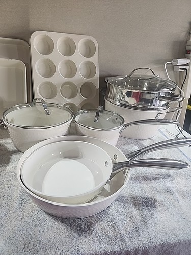 Gotham Steel Hammered White/cream 14-piece Cookware Set - Picture 2 of 19