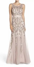 Adrianna Papell Beaded Illusion Mesh Gown Pink Blush Formal Dress Size 14
