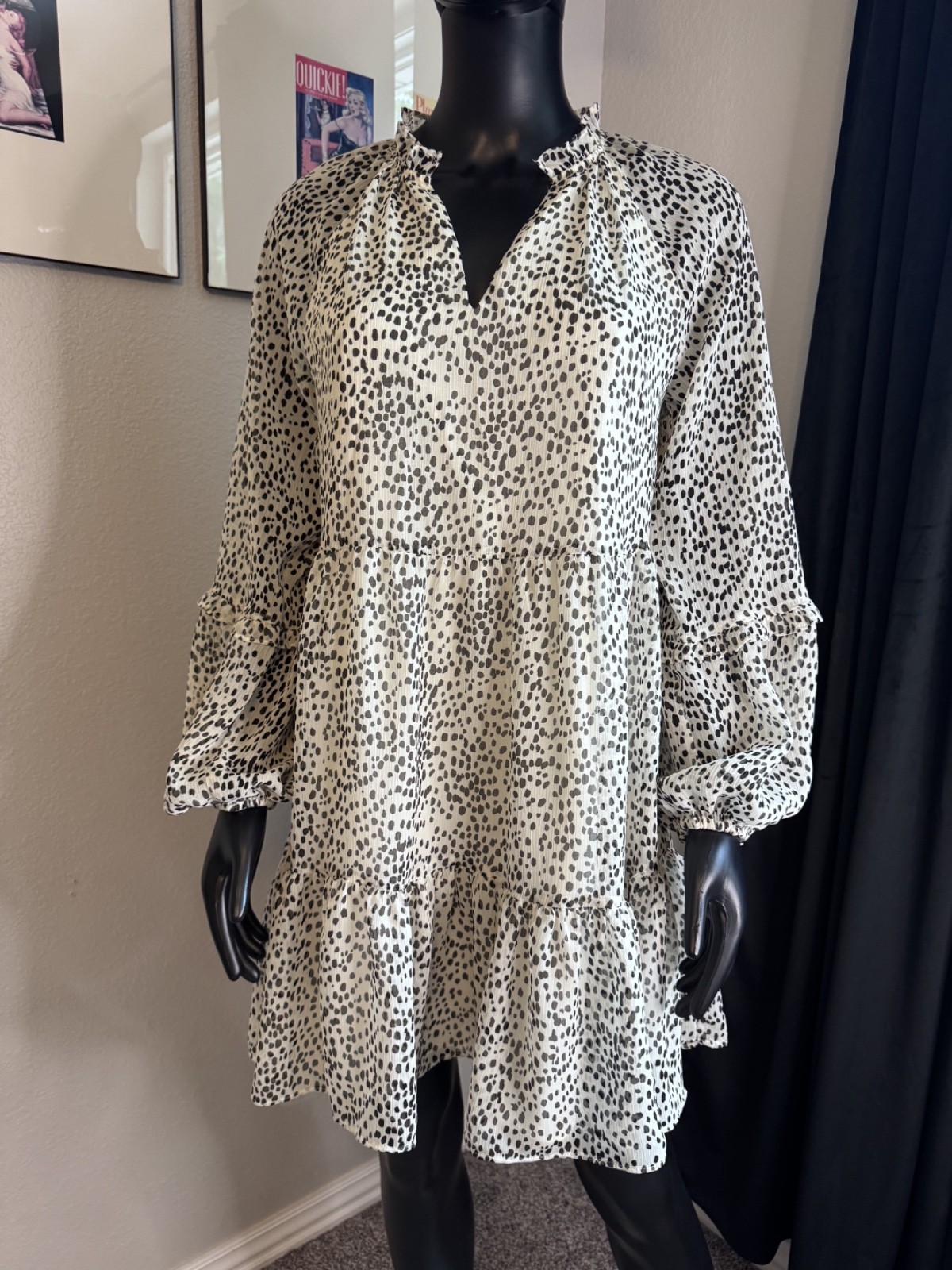 Express Women's White Long Sleeve Dress with Black Polka Dots Size S V-neck