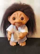 Vintage 1977 Thomas Dam Denmark Troll Doll Large 9  Black Hair White Shirt