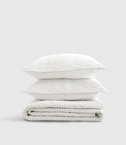 Quince European Linen Cotton Stitch Quilt Set & Two Shams White King Cal King