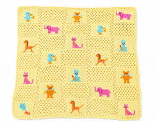 Vintage Handmade Crochet Baby Blanket Yellow Pastel Animal Motif Afghan 38x38