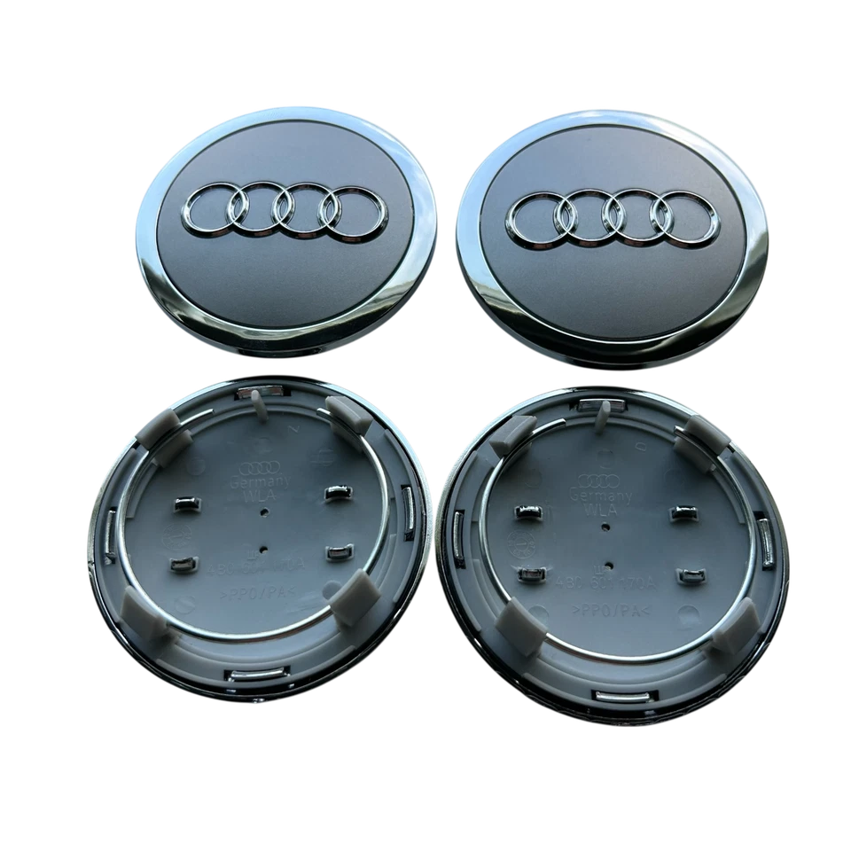 Juego de 4 tapacubos centrales de rueda cromados gris 69 mm para Audi A3 A4 A6 Q3 Q5 TT Foto 2 de 4
