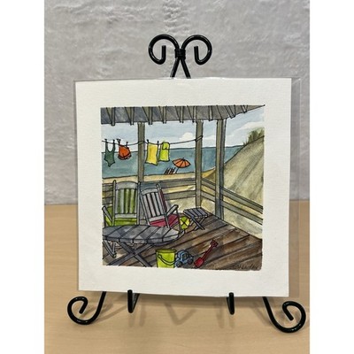 Sarah Haden Signed Original Watercolor Beach Porch Ocean Scene 8x8 Art