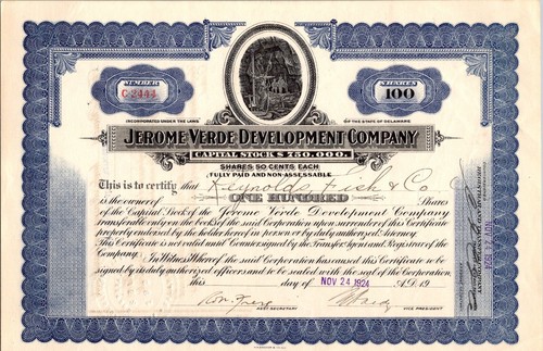 JEROME VERDE DEVELOPMENT COMPANY.....1924 COMMON STOCK CERTIFICATE - Picture 1 of 1