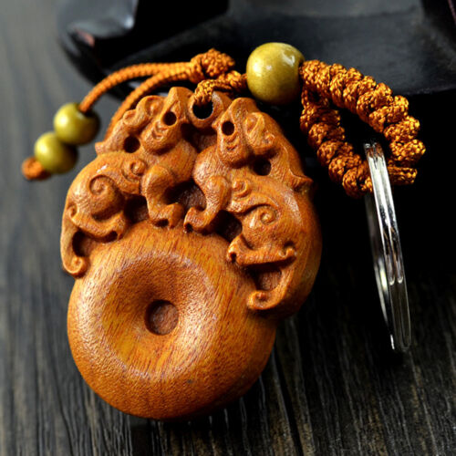 Feng Shui Peach Wood double Pi Yao Pi Xiu Xie Key Ring Chain hanging for Wealth - Picture 1 of 3