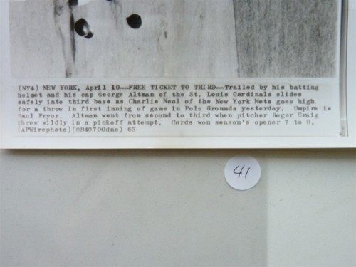 ORIGINAL PHOTO BASEBALL 1963 GEORGE ALTMAN ST LOUIS VS METS CHARLIE NEAL - Imagen 2 de 3