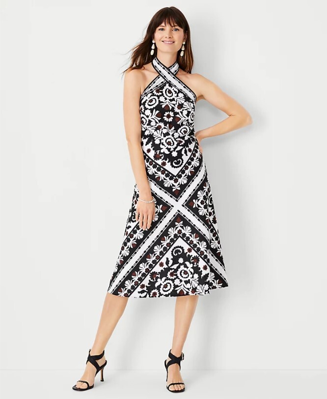 Ann Taylor Black Baroque Scarf Print Halter Fit Flare Dress Cotton Linen 4  Lined | eBay