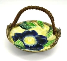 VTG Maruhon Ware Hand Painted Plate Dish Rattan Handle Japan Blue Flower OOK
