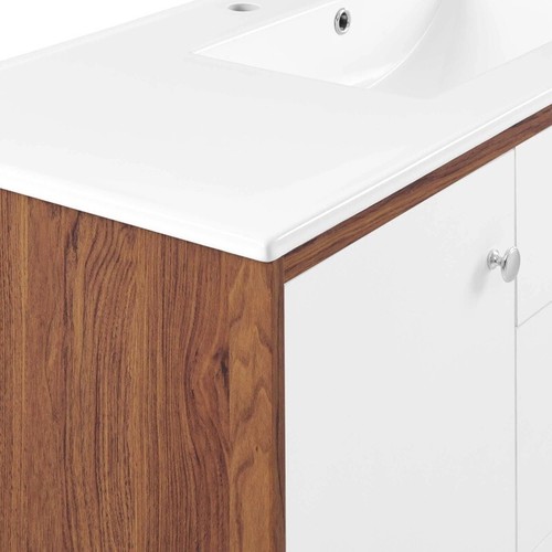 White Mid Century Modern Walnut Bathroom Vanity Ceramic Sink Single Double - Picture 38 of 46