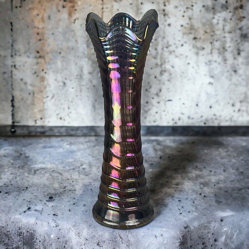 Vintage Electric Purple 12'' Amethyst Carnival Glass Vase Imperial Ripple - Picture 3 of 13