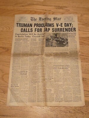 1945 MAY 8 THE EVENING STAR NEWSPAPER - TRUMAN PROCLAIMS - V-E DAY - NT 9457