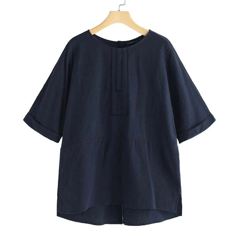 Femme Fille Décontracté Coton Lin Dos Séparé Haut 3/4 Chemise Manche Vrac Solid - Photo 2/4