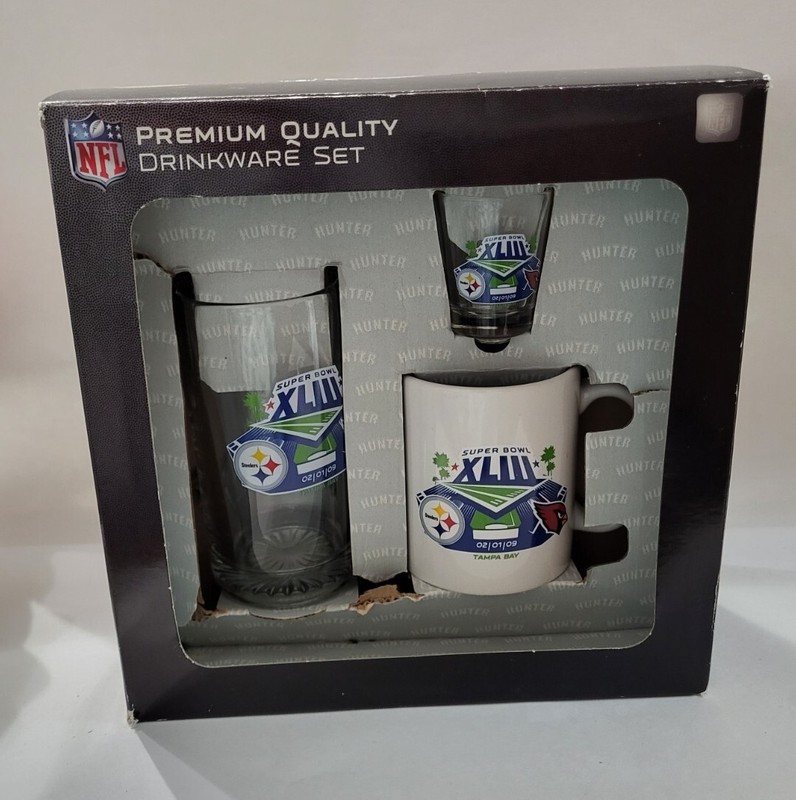 SUPER BOWL XLIII (43) Drinkware Set, Steelers vs. Cardinals, c. 2009, Orig. Pkg.