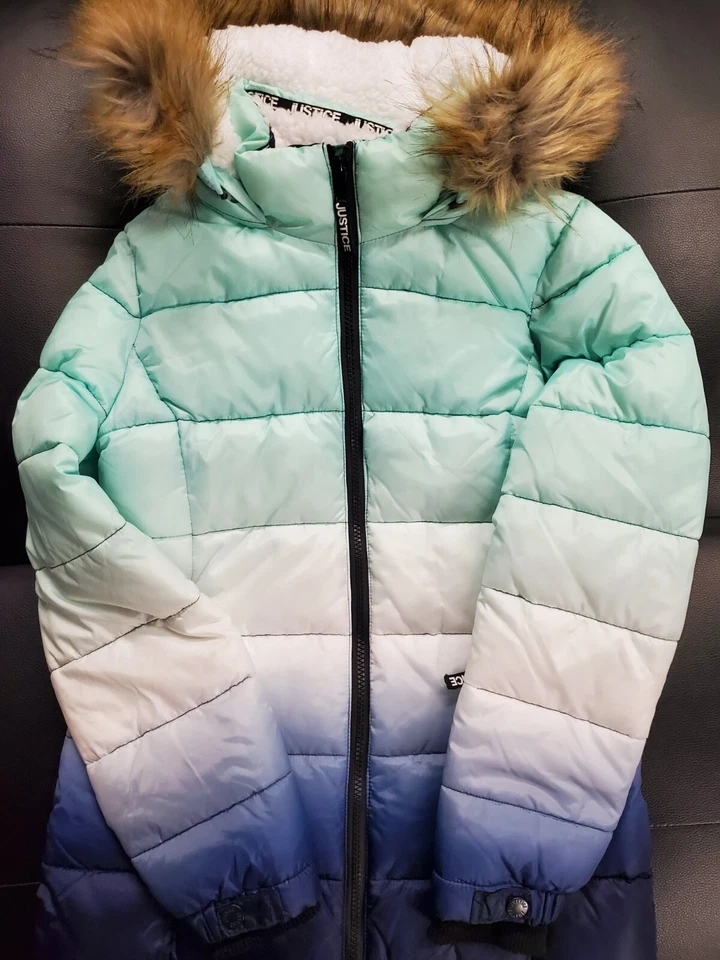 Chaqueta hinchada con capucha cálida resistente al agua multicolor Justice para niñas talla 12 Foto 2 de 4
