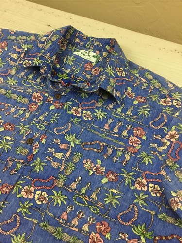 Vintage zwei Palmen Herren Hawaii Reverse Print Hemd Ananas Hula Mädchen kein Größenetikett - Bild 2 von 12