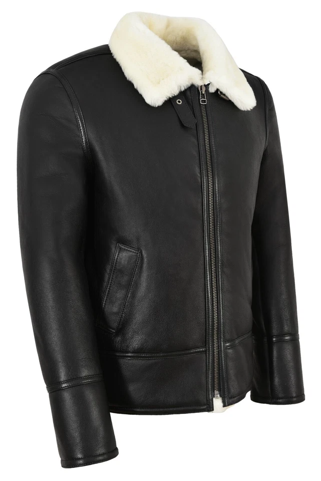 Men’s B3 Sheepskin Jacket Black White Real Fur Bomber Pilot RAF Jacket HARBIN — 第 2/4 张图片