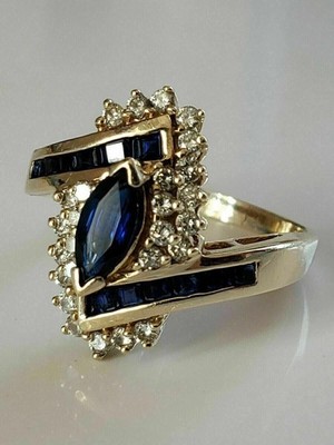 3.00 Ct Marquise Cut Natural Sapphire & Diamond Wedding Ring 14K Yellow Gold