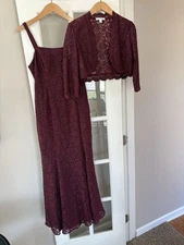 Oleg Cassini Dress Wine Lace Floor Length Lace Sheath with Bolero Jacket Size 8