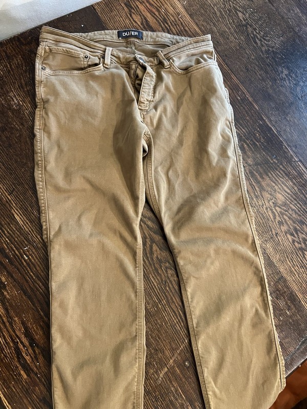 DU/ER No Sweat Pant Men’s Beige Relaxed Twill 5-Pocket Flat Front 36