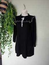 ZARA Black Wool Mix Jumper Dress Size L 12 Formal Work Neck Tie Long Sleeve Soft