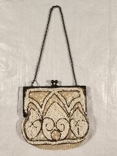 Antique White Silver Glass Micro Beaded Bag Purse Metal Frame Handmade France