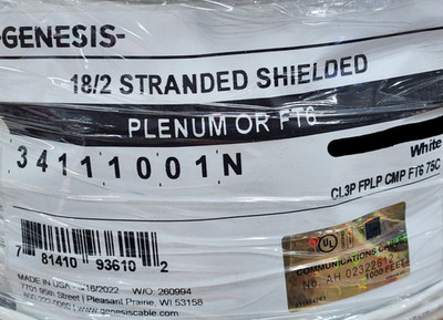 Southwire Genesis 3411 18/2C Plenum Shielded Security/Control Cable White /100ft