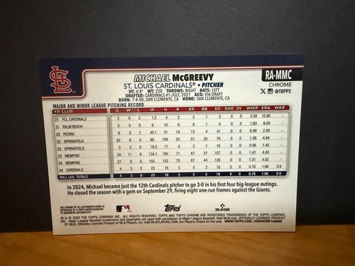 Michael McGreevy 2025 Topps Chrome RC St. Louis Cardinals Autograph #RA-MMC Nice - Picture 6 of 6