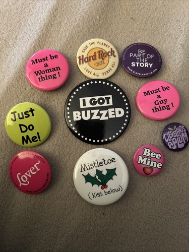 Lot Of 10 Vintage Fun Buttons Various Sayings Pin Backs Buzzed Mistletoe +++ C - Picture 1 of 5