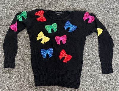 VTG 90s I.B. Diffusion Black Sweater. Colorful Bow ties. Medium. EUC.