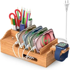 Bamboo Charging Station for Multiple Devices with 5 Port USB Charger, 5 Charger 