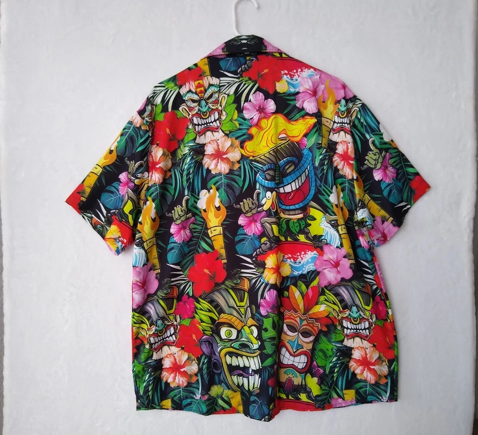 Camisa Hawaiana Rostros Máscaras Flores Tropicales Para Hombre XL Antorchas Coloridas Divertidas... Foto 2 de 4