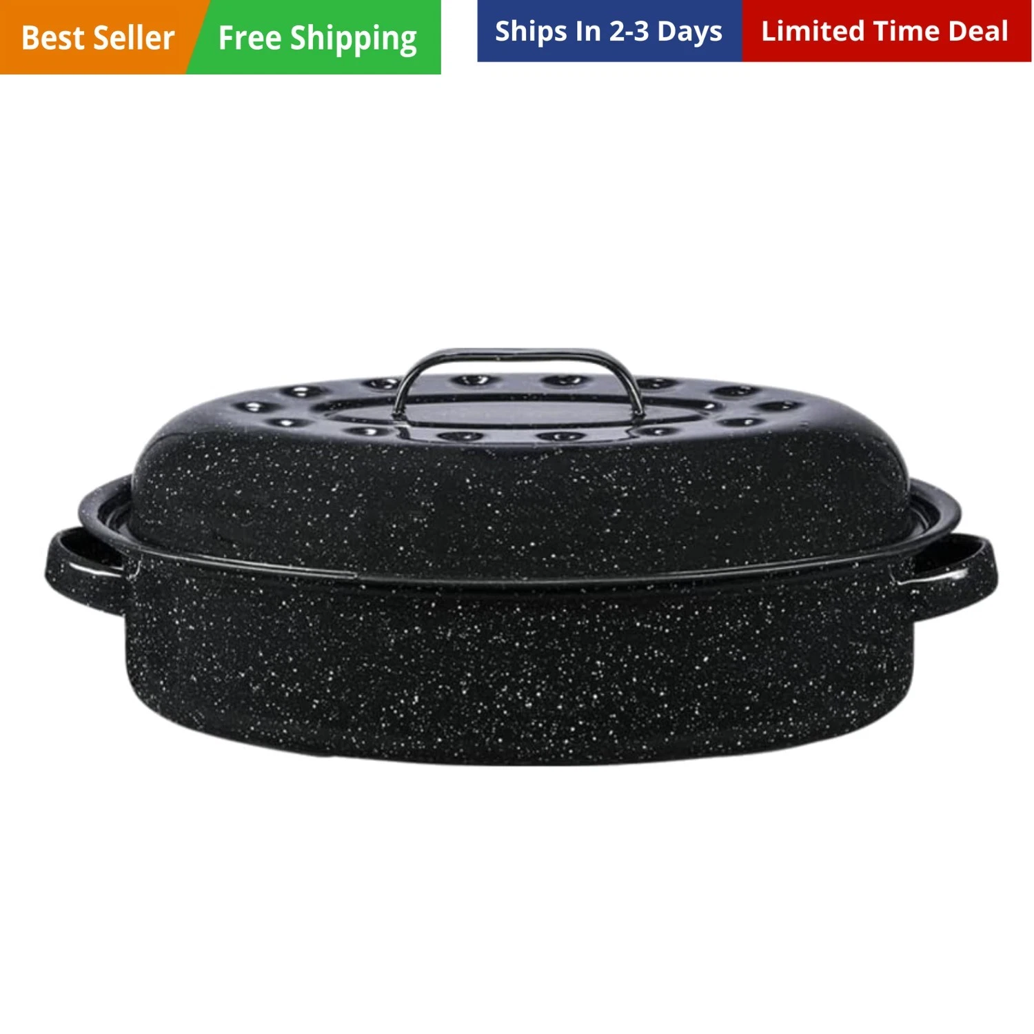 15-Inch Covered Oval Roaster, 10 Lb Capacity - Enamel Steel Cookware, Dishwas...
