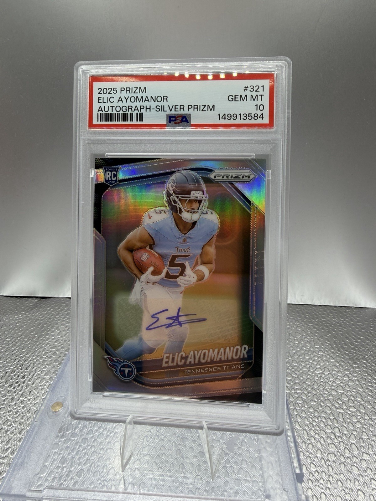 Panini 2025 Prizm Elic Ayomanor Silver Prizm Autograph #321 Rookie PSA 10 Titans