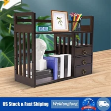 Bamboo Bookshelf Desktop Organizer Desk Rack Storage Shelves w/3 Drawers Office