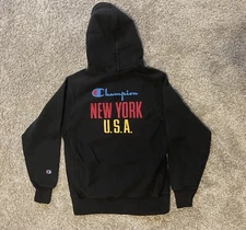 Champion Reverse Weave Hoodie Big C Logo Mens Small Black New York 2 Side Print