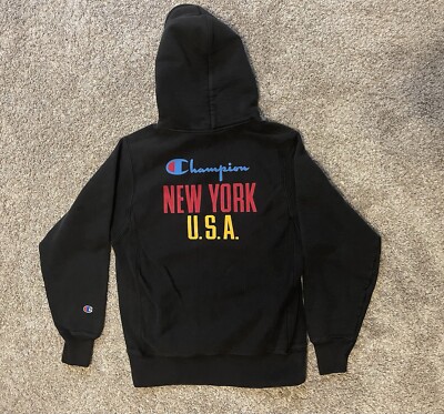 Champion Reverse Weave Hoodie Big C Logo Mens Small Black New York Side  Print
