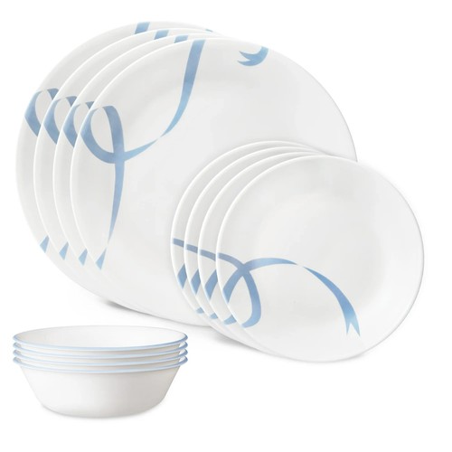 Corelle Blue Ribbons 12-teiliges Glas Geschirr Set (Service für 4)