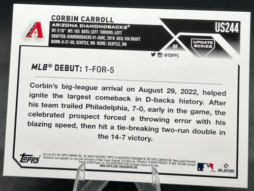 2023 Topps US244 Corbin Carroll Rookie Debut Arizona Diamondbacks (RC) - Picture 2 of 2