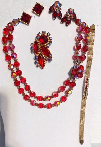 5 PC Vintage Red & Aurora Borealis AB Necklace Brooch Earrings High End +++ - 第 1/13 張圖片