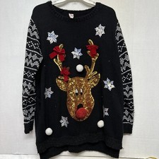 Holiday Time Reindeer Christmas Sweater Womens 2XL Black Embellished Sequins Now