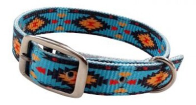 DOG COLLAR Multi Colored TEAL Southwest Design Nylon with D Ring to attach Leash