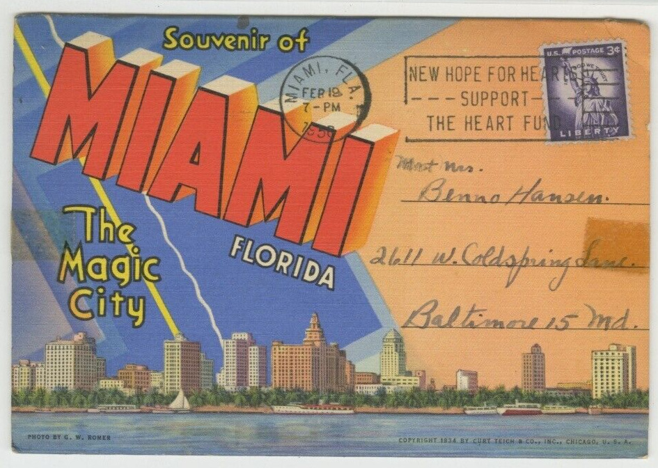 Miami & Miami Beach FLORIDA Vintage Linen Postcard Folder