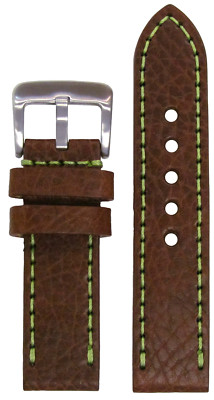 22mm Panatime Light Brown Pebble Grain Leather Watch Band w Green Stitching