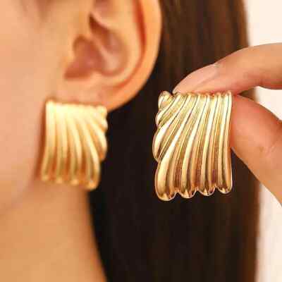 Vintage Stil Ohrringe Statement Quadrat Grob Geometrisch Groß Ohrstecker Gold Gerippt