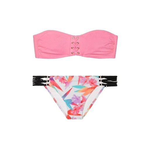 Victoria's Secret PINK Rose Lace-up Bandeau & White Floral Strappy Bikini Set - Picture 1 of 3