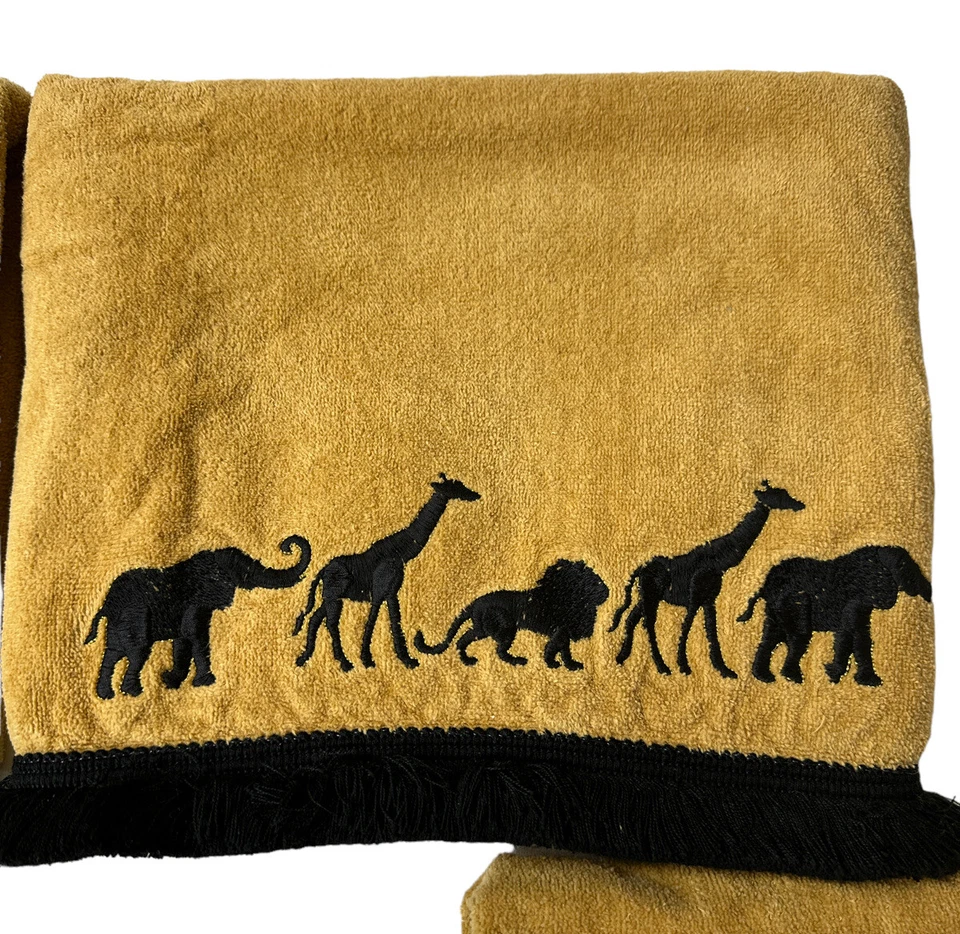 Juego de 6 toallas Avanti Vintage Safari Animal Bordado Borde Flecos Negro y Dorado Foto 2 de 4