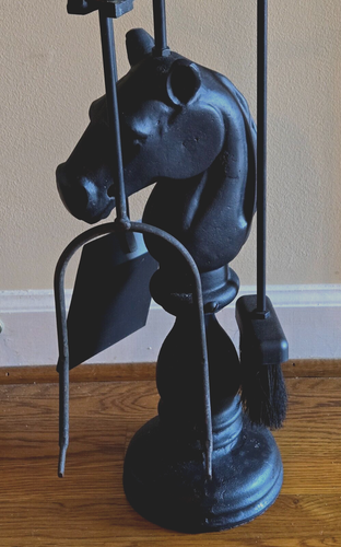Vtg Equestrian Horse Head Hitching Post Cast Iron Fireplace 3 Piece Tool Set - Picture 2 of 13